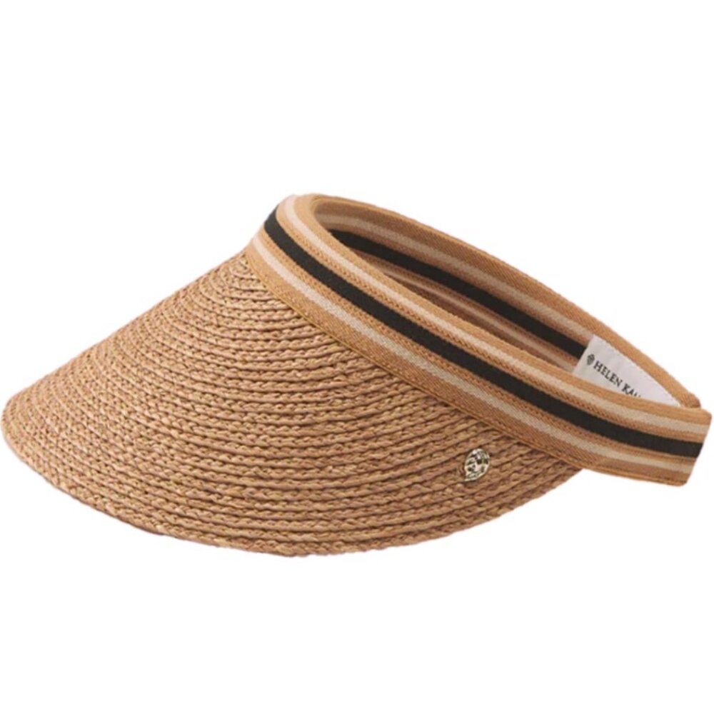 Helen Kaminski Straw Visor in Tan with Black-Striped Band